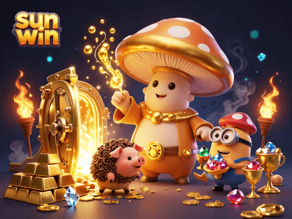Experience the magic of sun win with our golden mushroom wizard surrounded by treasure and excitement.