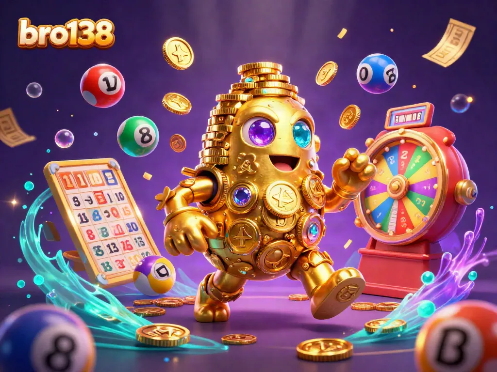 Win big with bro138 in this energetic casino-themed illustration showcasing exciting gaming elements.