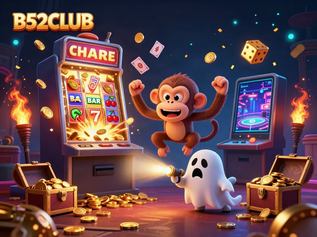 B52CLUB themed illustration showing a playful poltergeist monkey and ghost-hunter puppy in a vibrant casino setting.