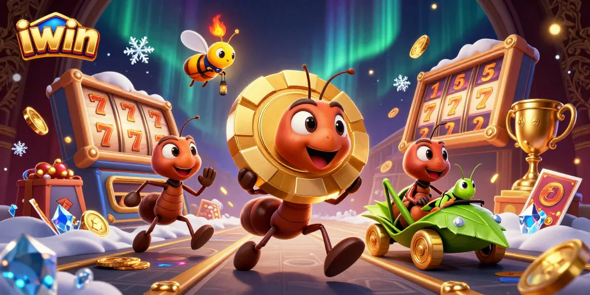 iwin celebration as ants escape with a giant poker chip in a vibrant casino scene