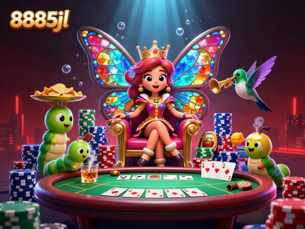 Experience the vibrant world of 8885jl with a butterfly queen and poker elements.