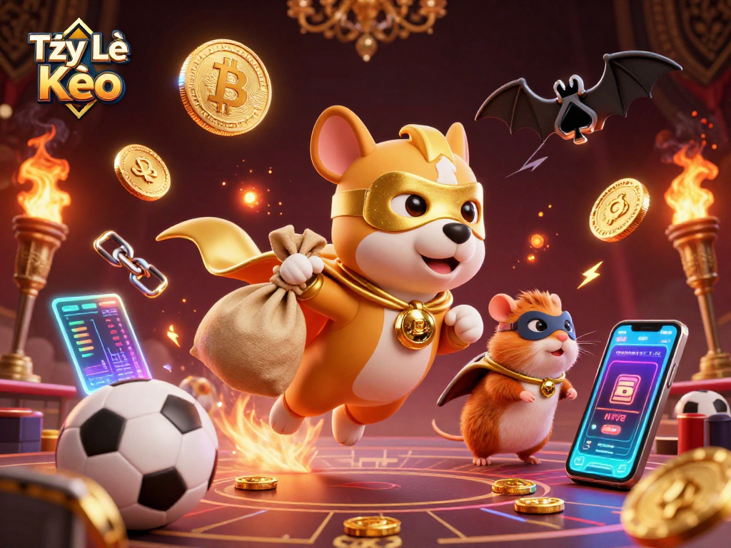 Tỷ Lệ Kèo enhances your betting experience with vibrant sports-themed 3D illustration featuring a superhero dog and gold coins.