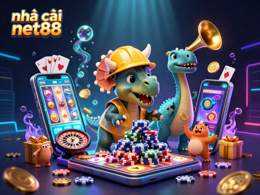 Experience exciting gaming with nhà cái net88 as a triceratops builds poker chips amidst a casino celebration.