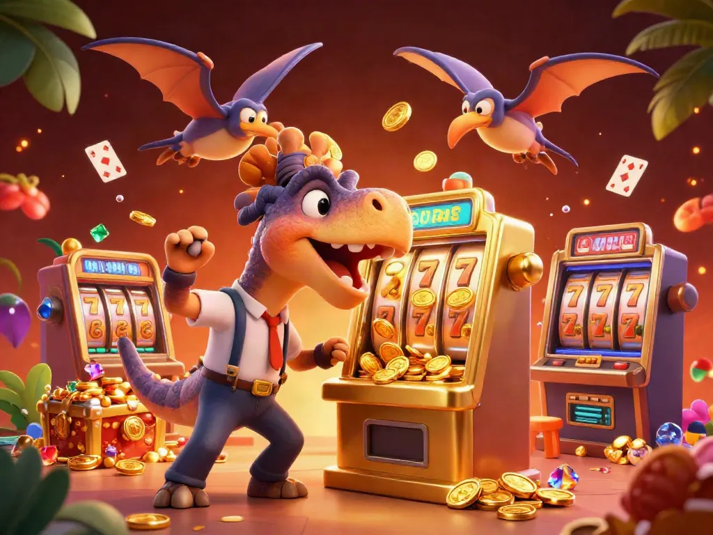 Celebrate wins at hitclub06 with a 3D illustration of cartoon dinosaurs and a golden slot machine.