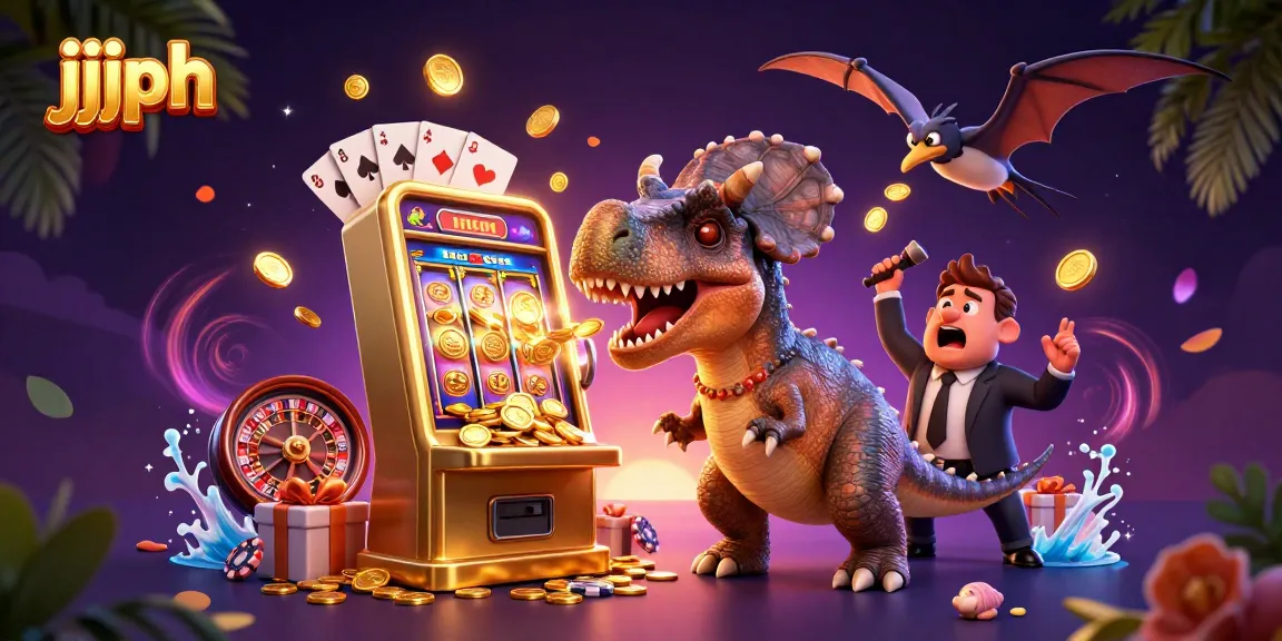 Magandang eksena ng jjjph kasino na may mga dinosaur at slot machine na nagbabayad ng jackpot coins, puno ng maraming detalye.