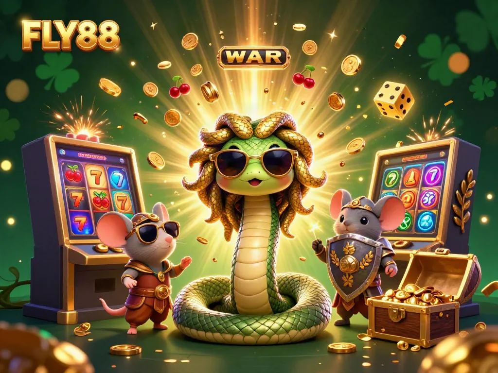 Experience excitement at FLY88 with a vibrant 3D illustration showcasing slot machines, characters, and casino elements.