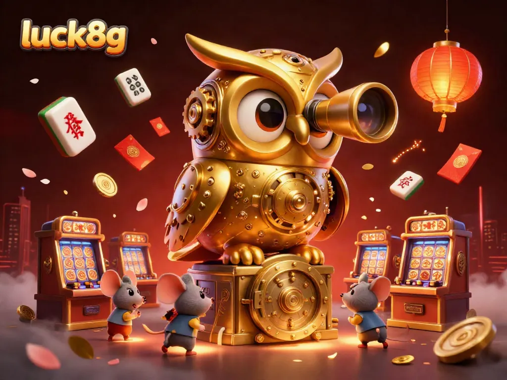 Experience exciting wins at luck8g with a captivating scene of casino fun featuring a golden owl and vibrant game elements.