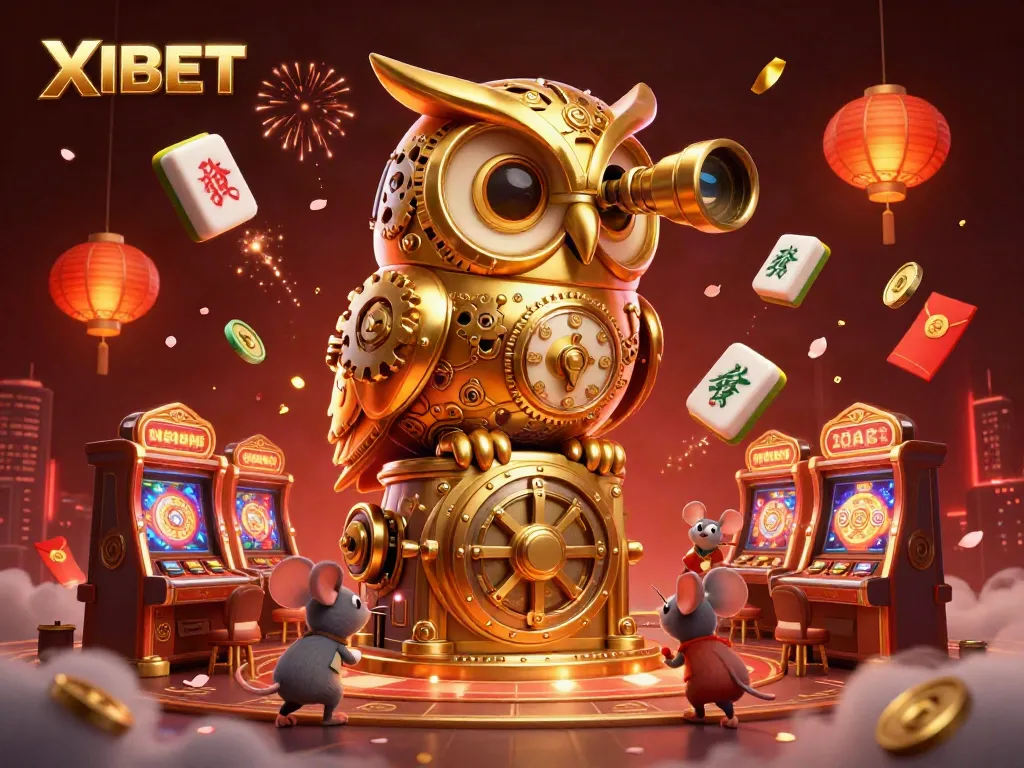 XIBET features a massive golden owl observing a lively casino scene with vibrant game elements.