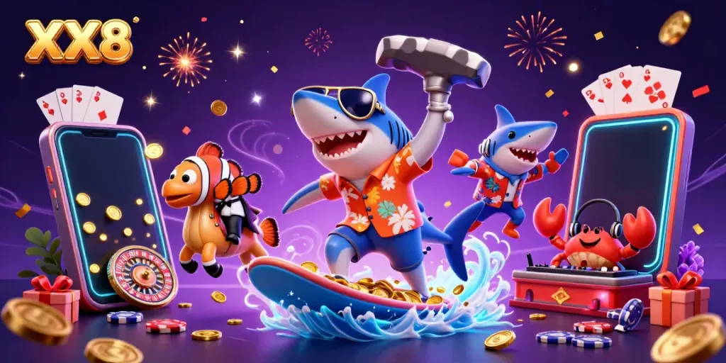 Engage in thrilling gameplay with XX8 themed 3D illustration featuring vibrant gaming elements and characters.