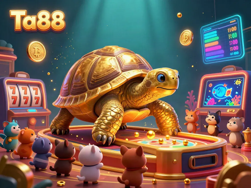 Engage with thrilling casino gameplay at Ta88, featuring a golden tortoise pinball machine in a vibrant setting.