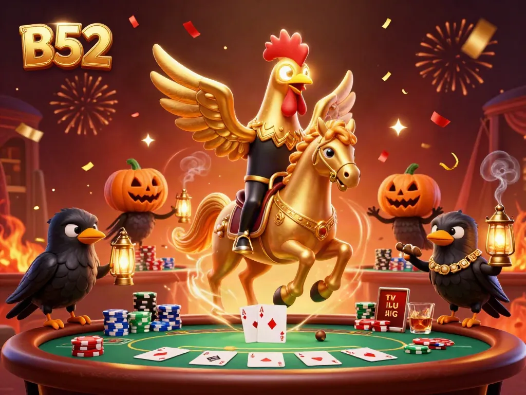 B52 casino scene featuring a golden rooster and crow companions amidst poker tables and vibrant decorations.