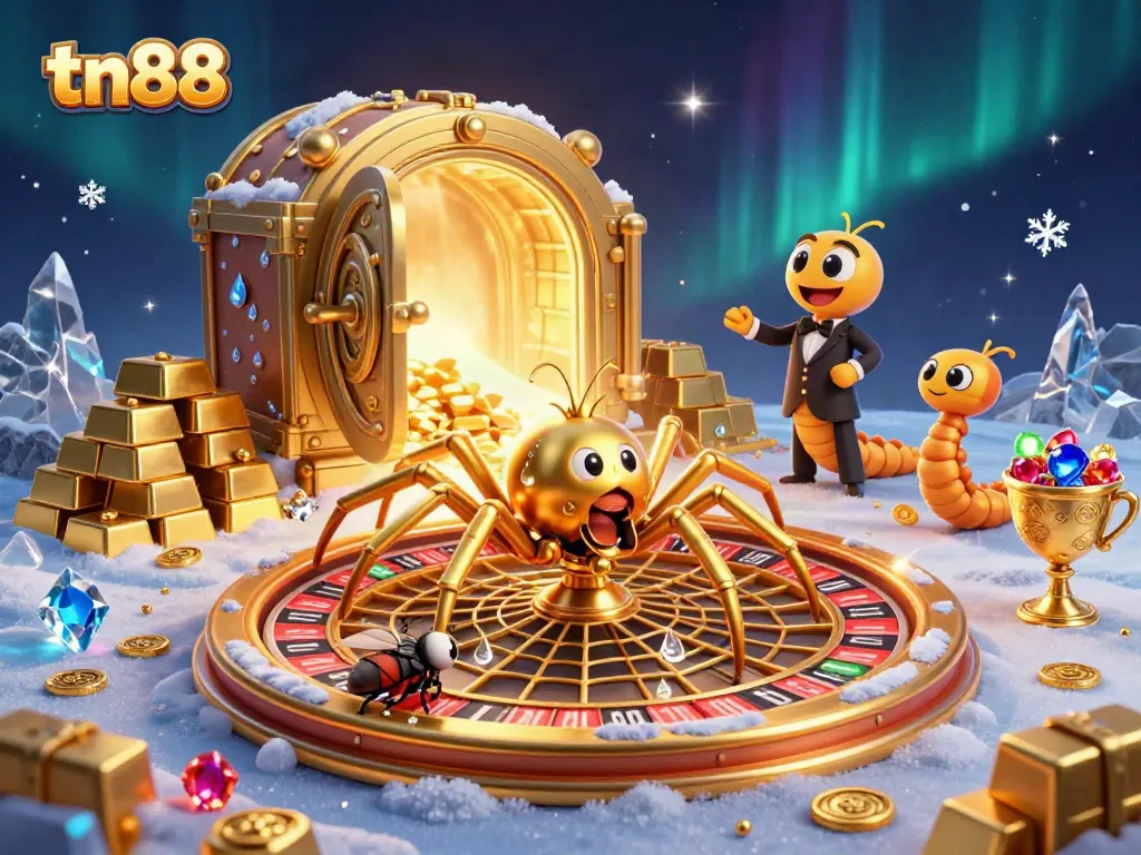 Spin to win at tn88 with an engaging golden roulette scene featuring a spider, fly, and centipede croupier.