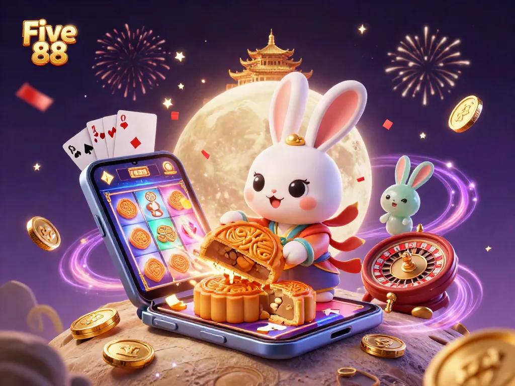 Experience the thrill of gaming at Five 88 with enchanting illustration featuring playful lunar characters and vibrant casino elements.