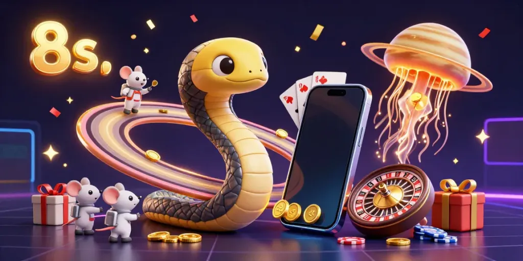 Bet on exciting games with vibrant 3D illustrations of the cosmic dealer and betting astronaut mice on 8s.
