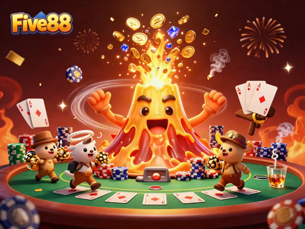 Experience the thrill of Five88 as the golden volcano erupts treasure in this dynamic casino scene.