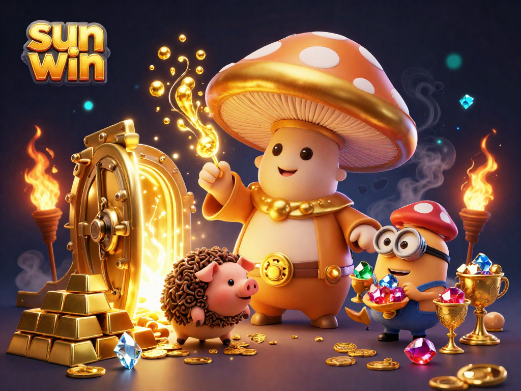 Experience the magic of sun win with our golden mushroom wizard surrounded by treasure and excitement.