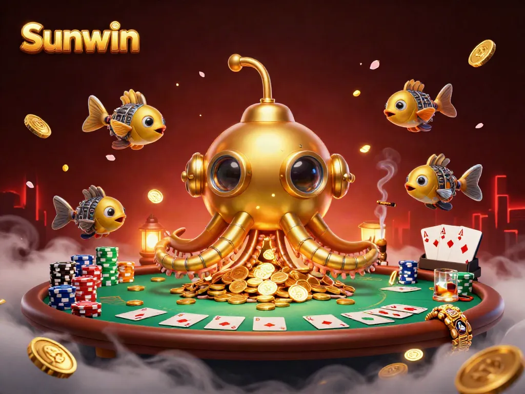 Engage in thrilling gaming action at Sunwin with a golden kraken submarine amidst poker chips and cards.