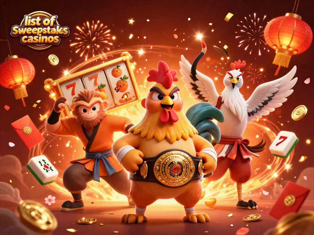Experience excitement at list of sweepstakes casinos with vibrant 3D character illustration and dynamic casino elements.