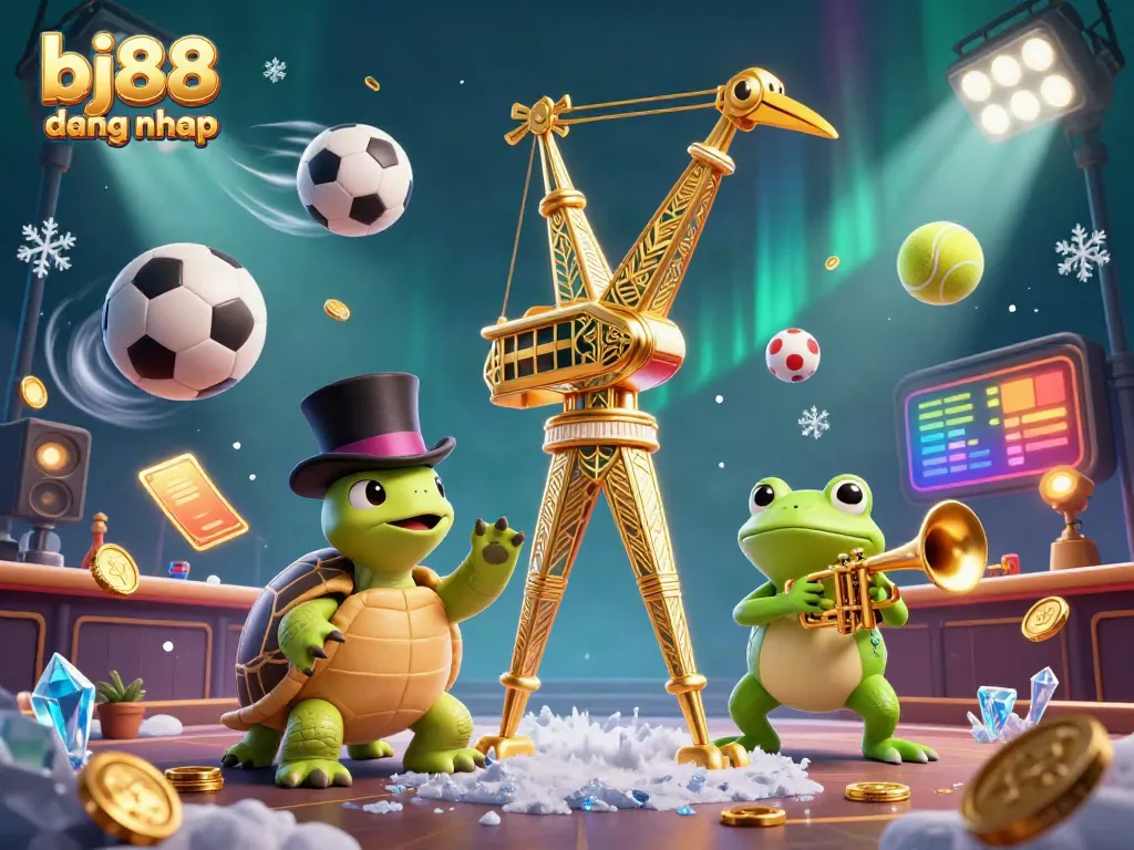 Engage with bj88 dang nhap, witnessing a vibrant 3D casino scene featuring whimsical characters amidst rich gaming elements.