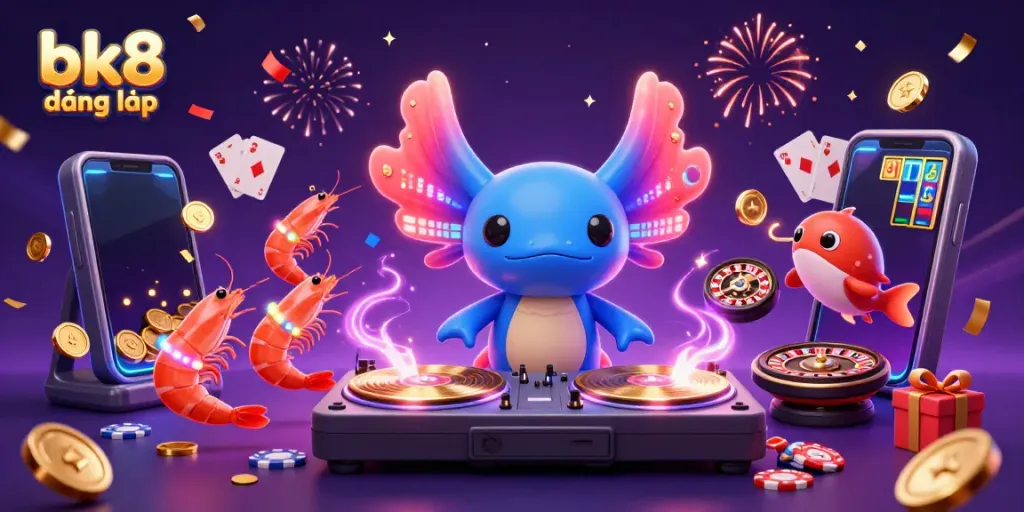 Experience the vibrant casino energy through bk8 đăng nhập as axolotl DJ spins records amidst underwater fun.