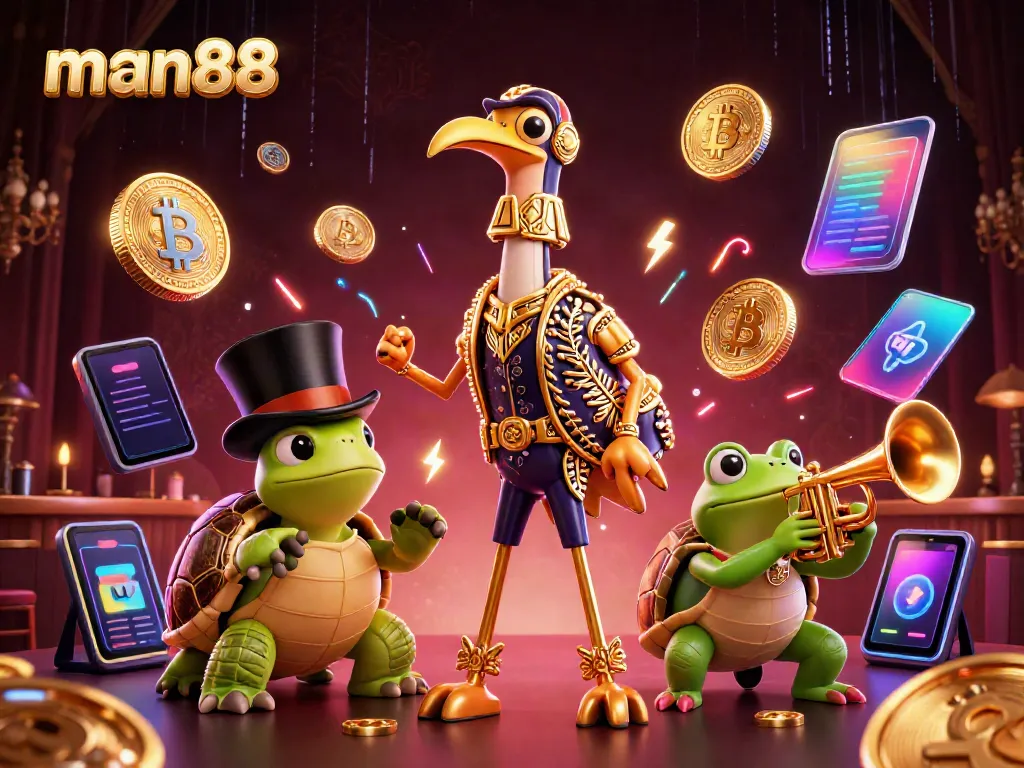 Engage with man88 at a dynamic casino scene featuring a decorated crane, top-hat turtle, and trumpet frog.