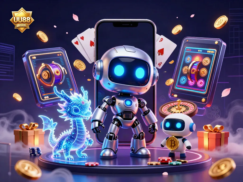 Engage with UU88's thrilling casino scene featuring a 3D cyberpunk robot and AI dragon, surrounded by vibrant slot game elements.