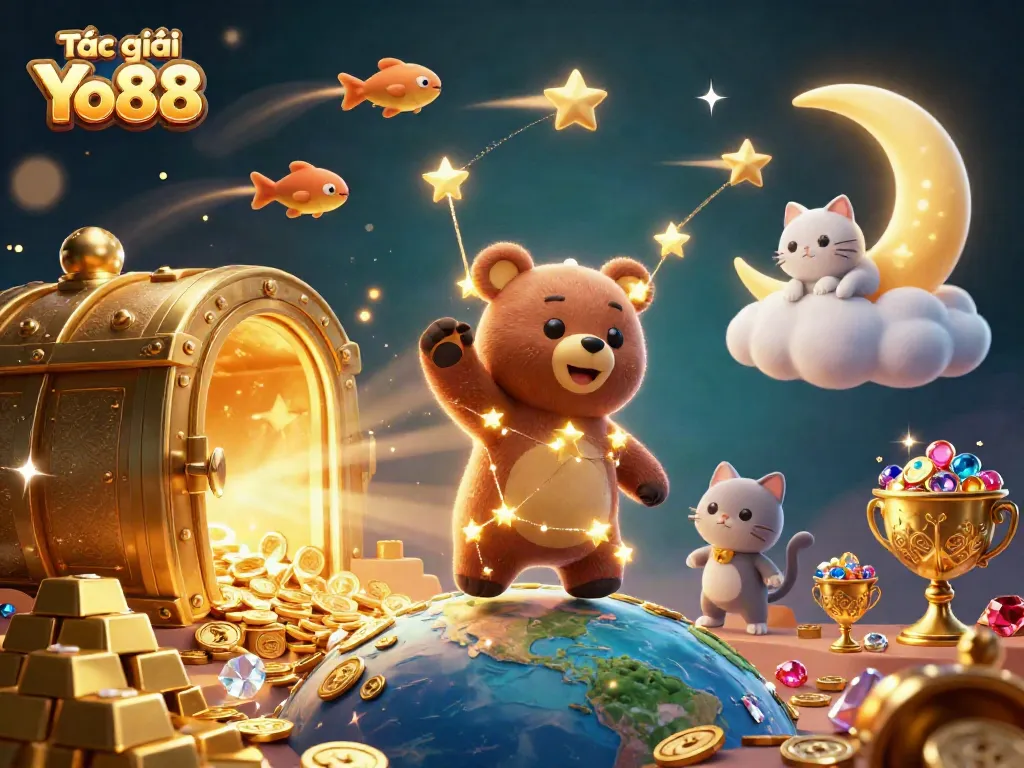 Experience the magic of Tác giả Yo88 with animated stars collecting treasures in this vibrant casino scene.
