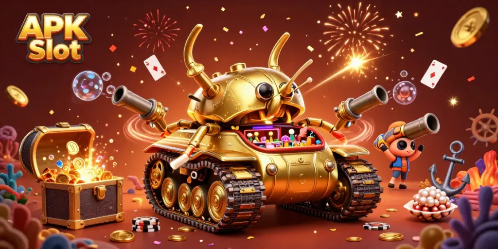 Experience the excitement of APK Slot with vibrant casino-themed 3D art and dynamic elements.