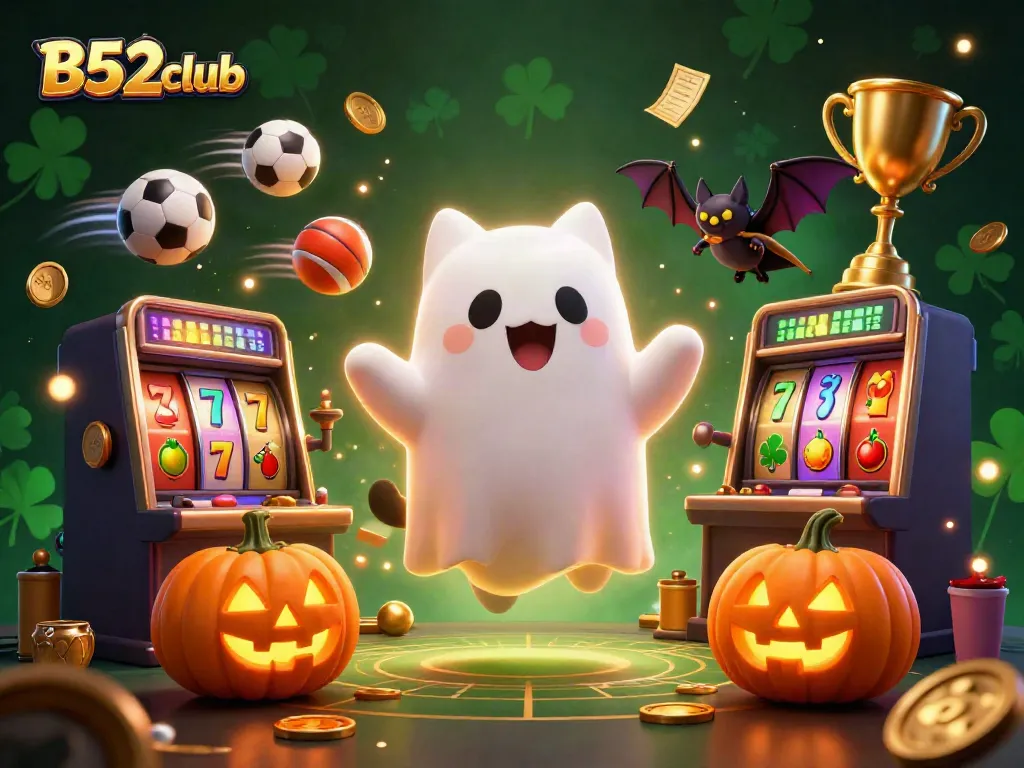 Join the fun at B52club with a whimsical illustration featuring a ghost cat and vampire bat in a dynamic casino scene.