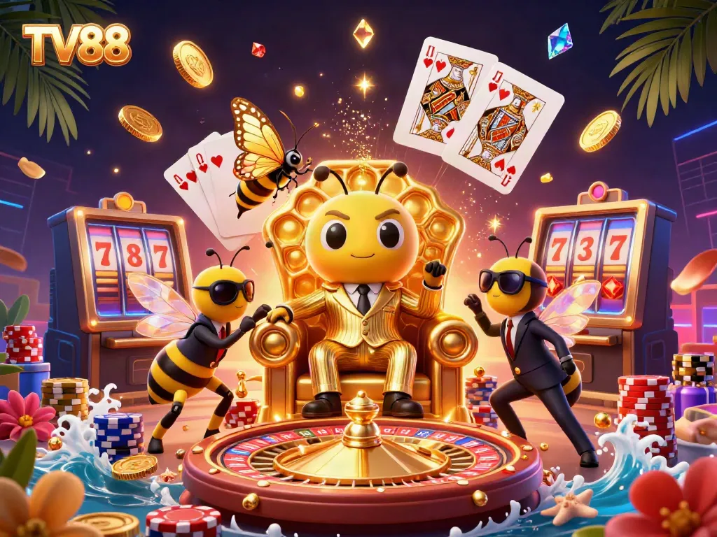 Experience the excitement of TV88 with animated characters in a dynamic casino scene, surrounded by vibrant game elements.