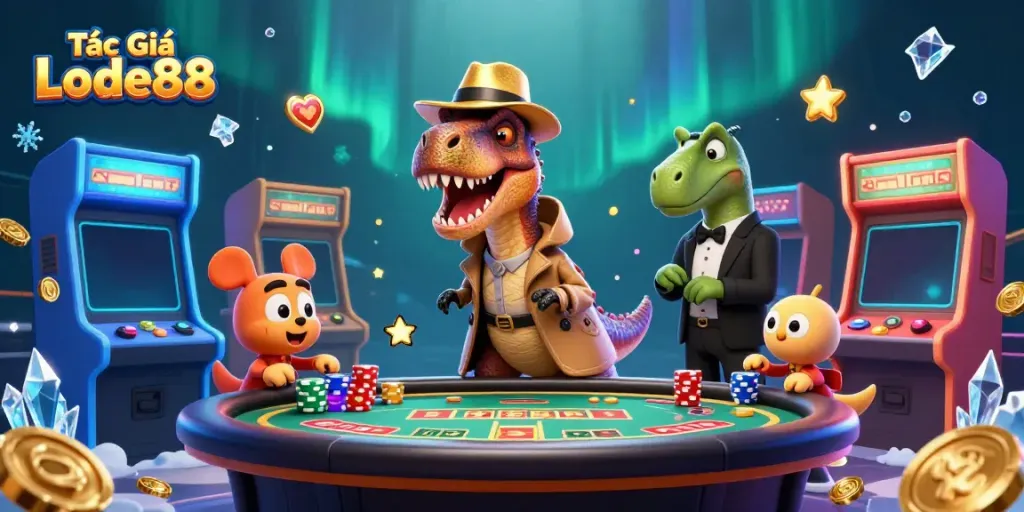 Experience Tác Giả Lode88 at a vibrant casino scene featuring a velociraptor card counter.