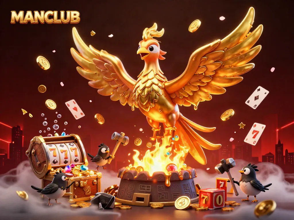 Engage with MANCLUB's thrilling 3D phoenix casino scene showcasing molten gold and vibrant game elements.