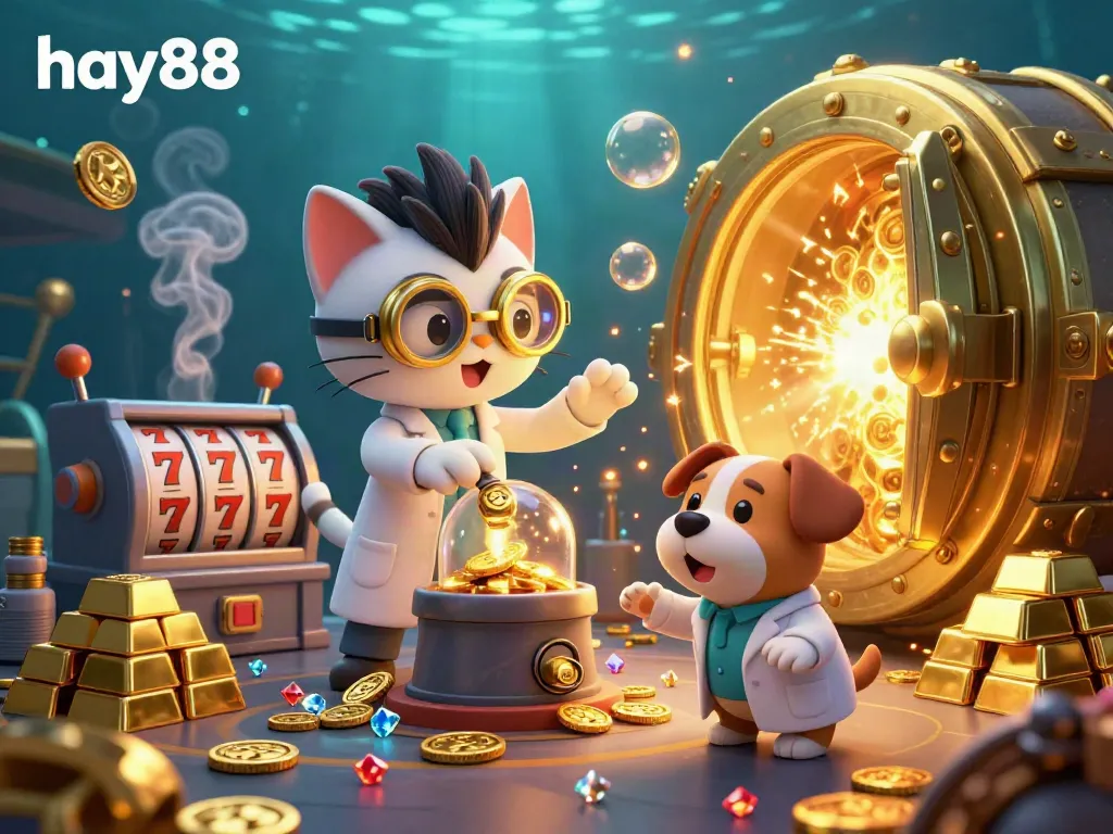 Experience hay88 casino excitement with a mad scientist cat and playful dog creating gold-coins.
