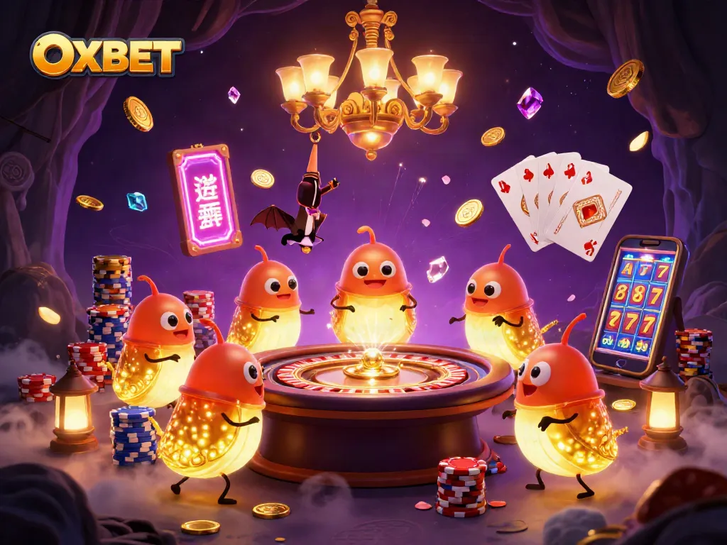 Experience the excitement of OXBET with glowing glowworms lighting a magical casino scene.
