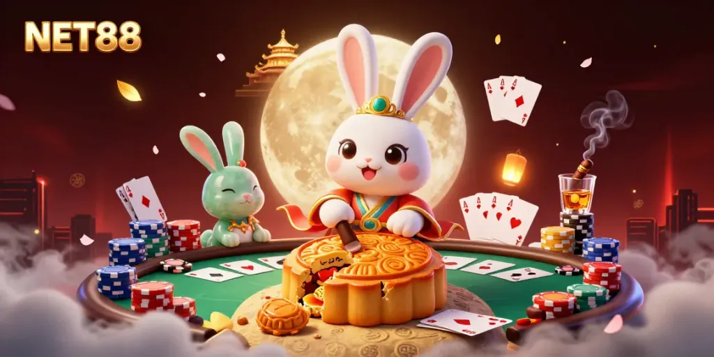 NET88’s vibrant scene of a moon rabbit enriching the casino experience with poker elements while showcasing a golden palace.