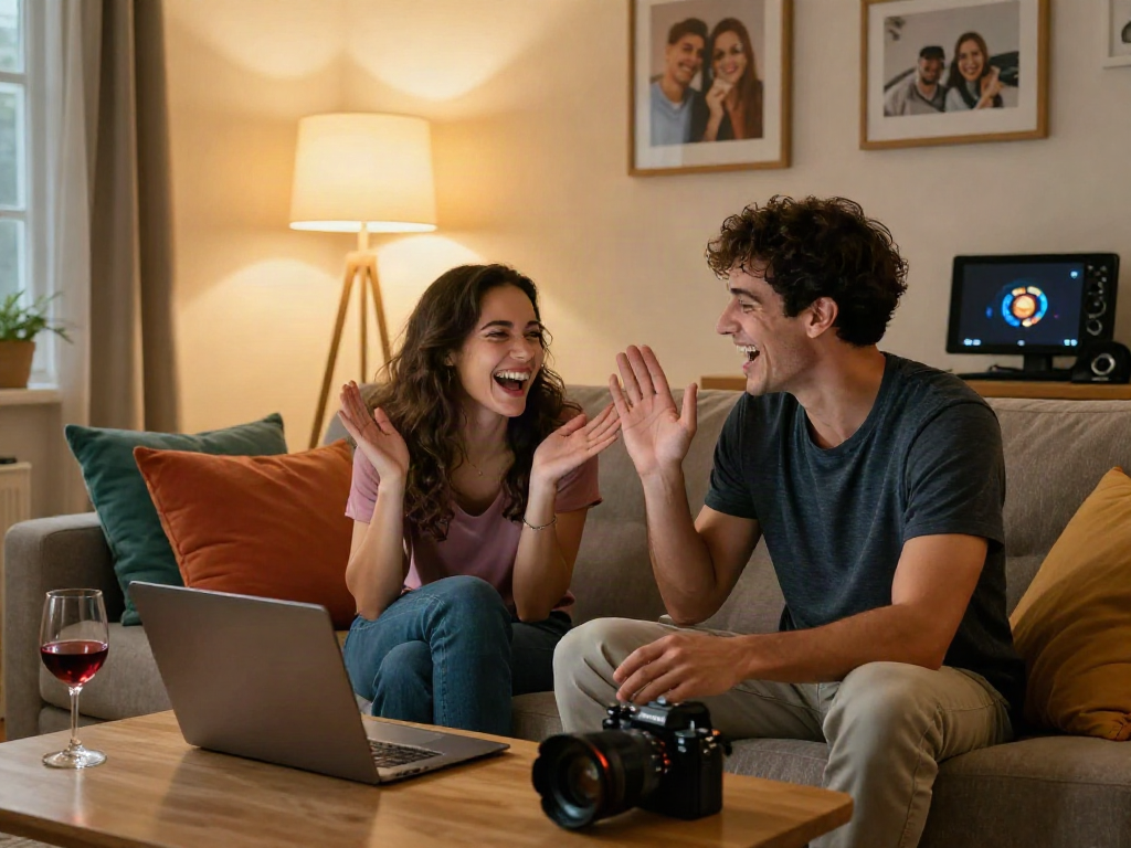 Couple enjoying a fun sex chat from their cozy living room, fostering intimacy and connection.