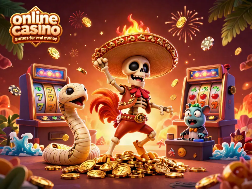 Experience the excitement of online casino games for real money with a vibrant 3D scene of dancing characters and gaming elements.