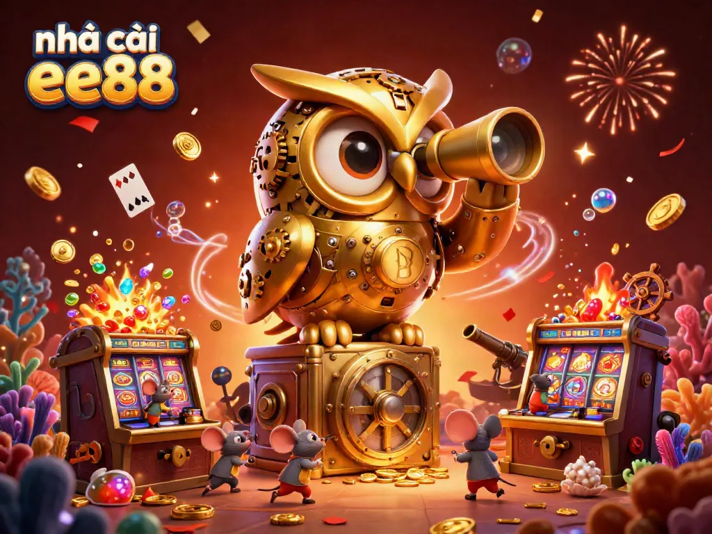 Experience the excitement of nhà cái ee88 with a vibrant 3D casino scene featuring an animated owl and playful mice.
