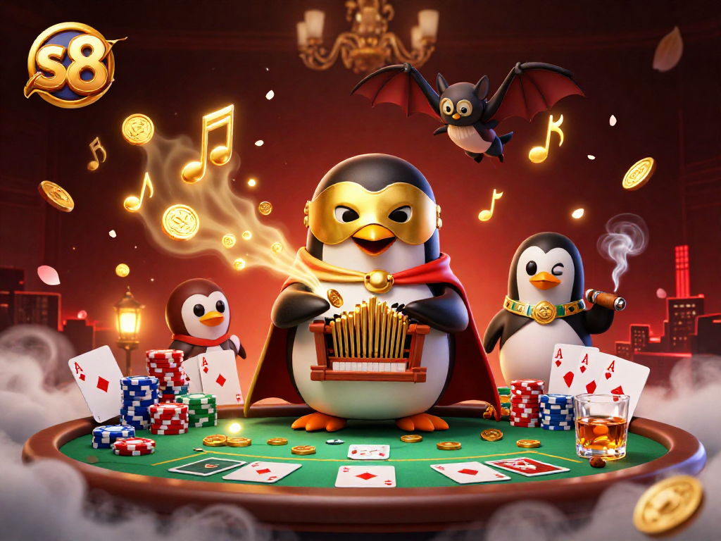 S8 casino excitement with a penguin character, poker elements, and golden rewards