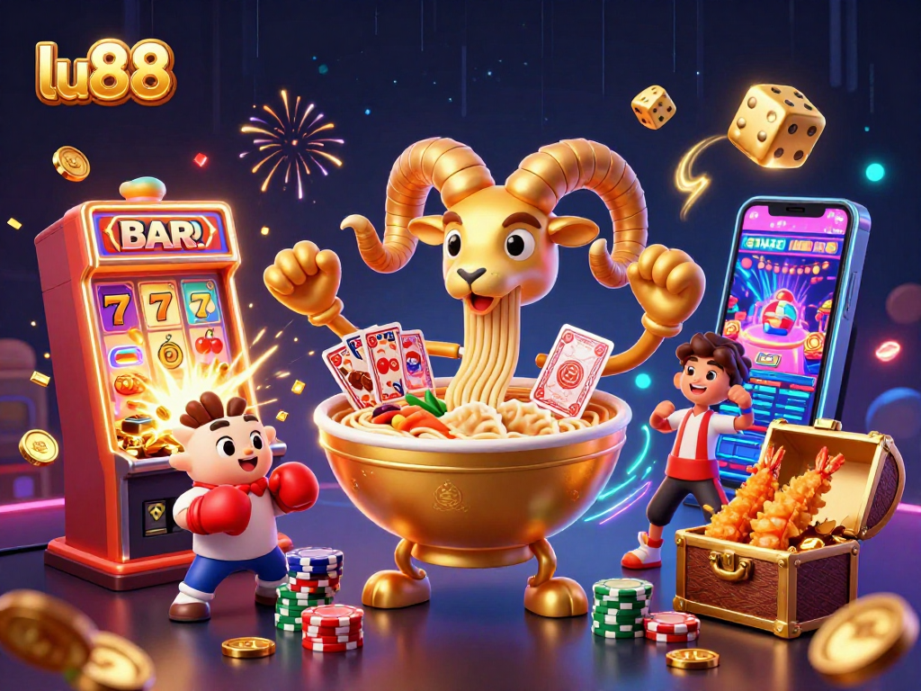 Play exciting casino games at lu88 with a dynamic illustration featuring engaging characters and elements.