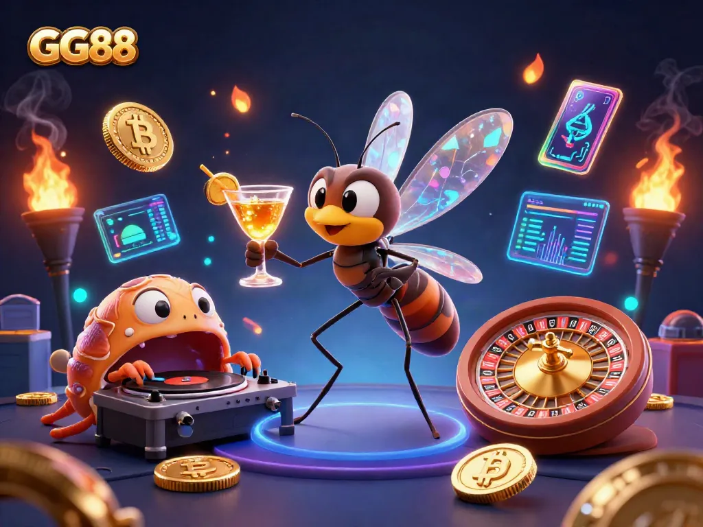 Engage in thrilling gameplay at GG88 with vibrant casino characters and dynamic crypto elements.