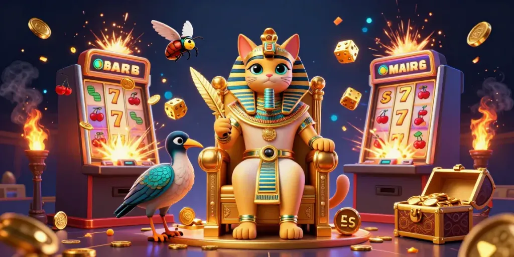 Experience the excitement of Hbet casino with a pharaoh cat, jackpots, and vibrant game elements.