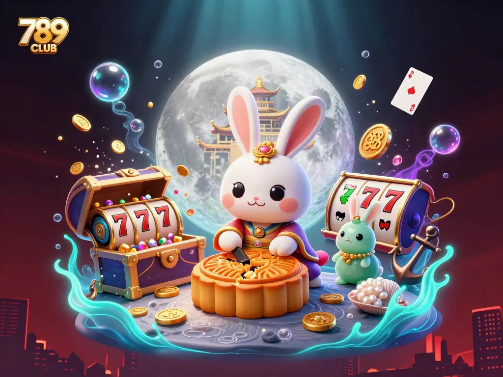 Experience the thrill of 789CLUB with slot reels and a moon rabbit in a vibrant casino scene.