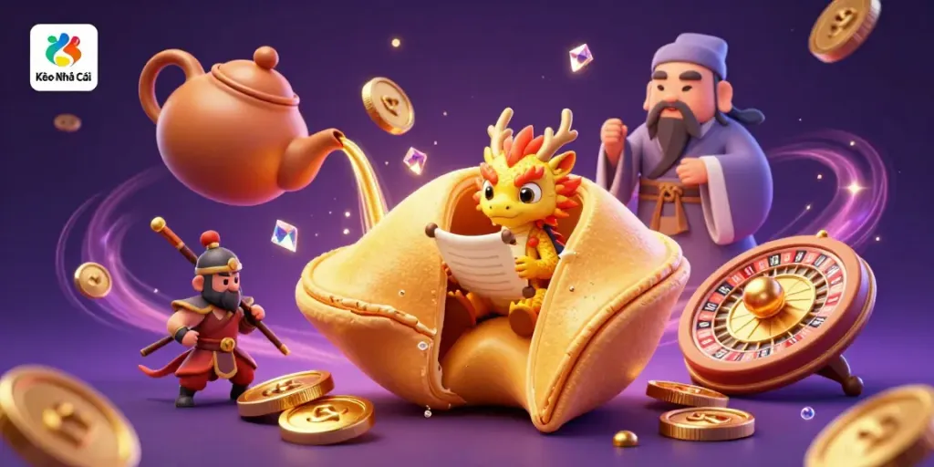 Kèo Nhà Cái showcases a dynamic scene of a golden fortune cookie and wise dragon amidst cascading golden coins and roulette elements.