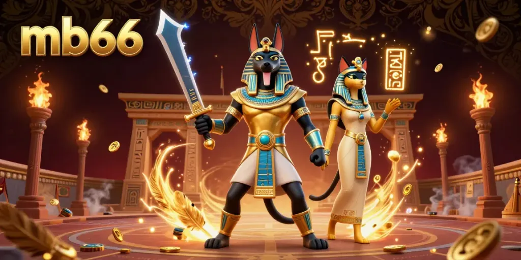 Engage with mb66 in a captivating casino scene featuring Anubis and Bastet amidst swirling golden elements and an ancient backdrop.