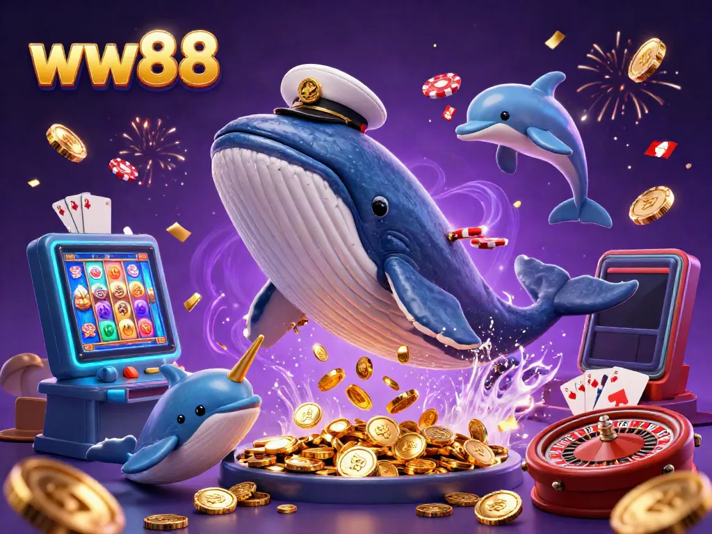 Experience the excitement of ww88 with a vibrant 3D casino scene featuring a playful whale and slot games.