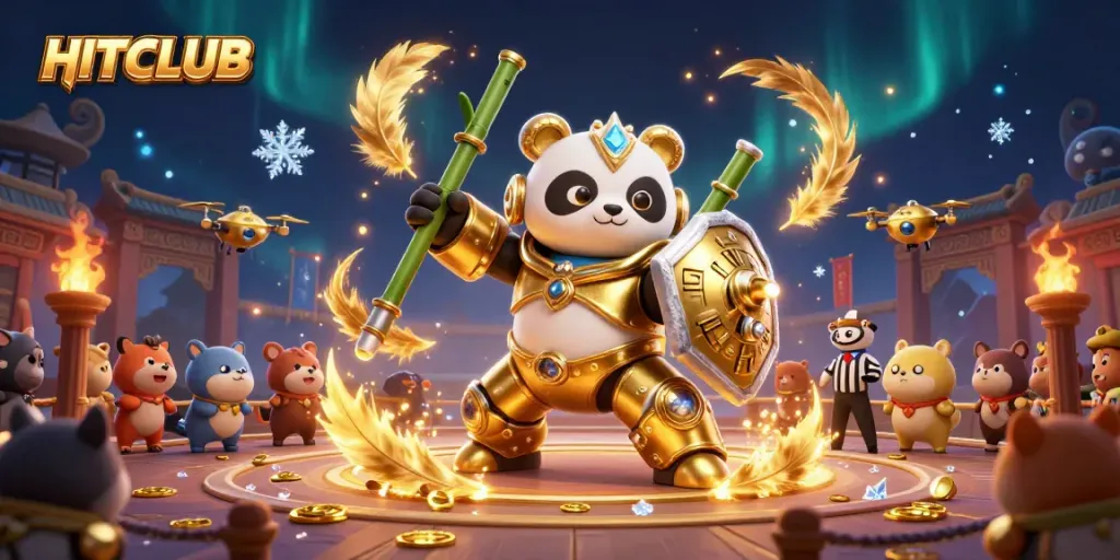 Engage in thrilling action with HITCLUB's dynamic casino scene featuring an exciting mech-suit battle.