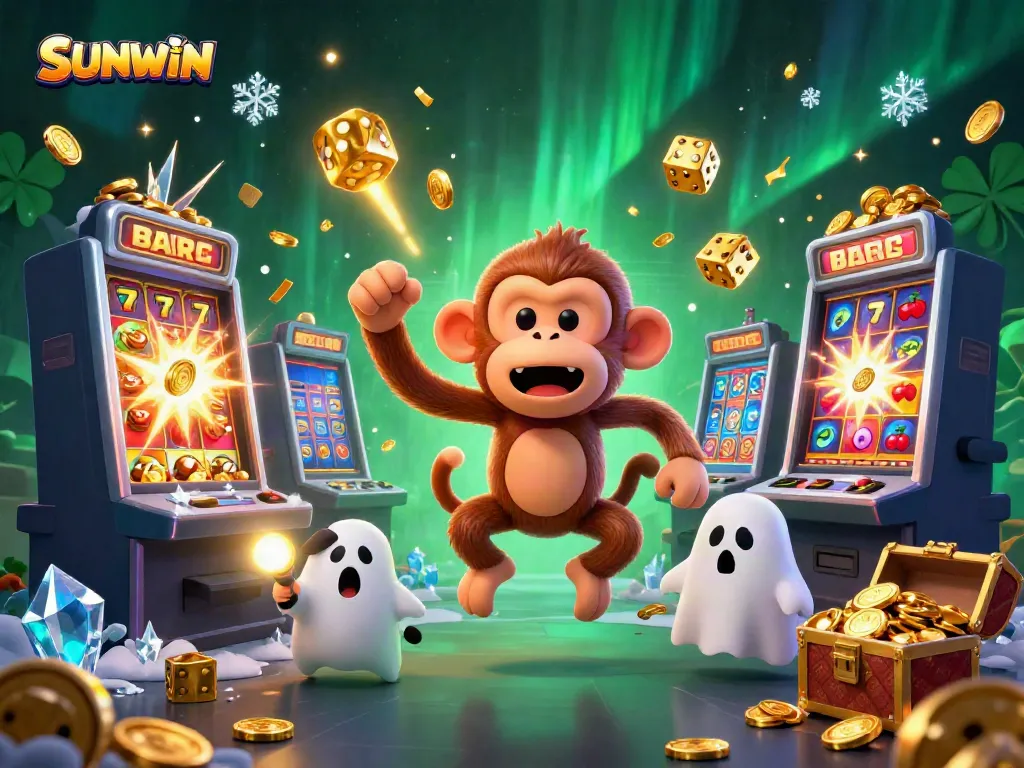 Catch exciting moments at SUNWIN as a mischievous ghost monkey juggles coins and casino games in a haunted setting.