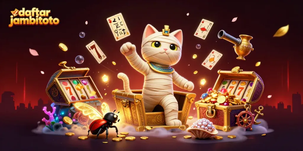 Experience a thrilling moment with daftar jambitoto in a lively casino scene featuring a mummy cat and scarab beetle.