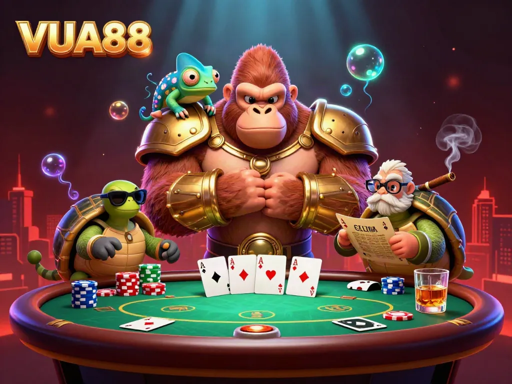 VUA88 showcases a powerful gorilla king and companions in a vibrant casino scene, emphasizing poker action.